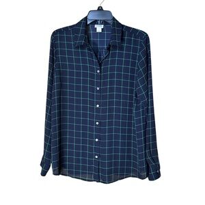 J. Crew Navy Shirt with Green Grid Pattern Checker Plaid Button Blouse - Size M